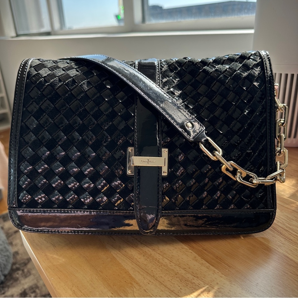 Cole Haan Black Woven Patent Leather Shoulder Bag with Gold Chain